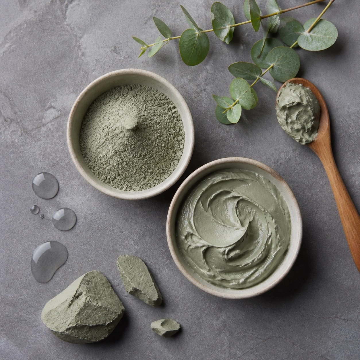 Pure French Green Clay powder and detox paste in ceramic bowls with a wooden spoon for mineral therapy.