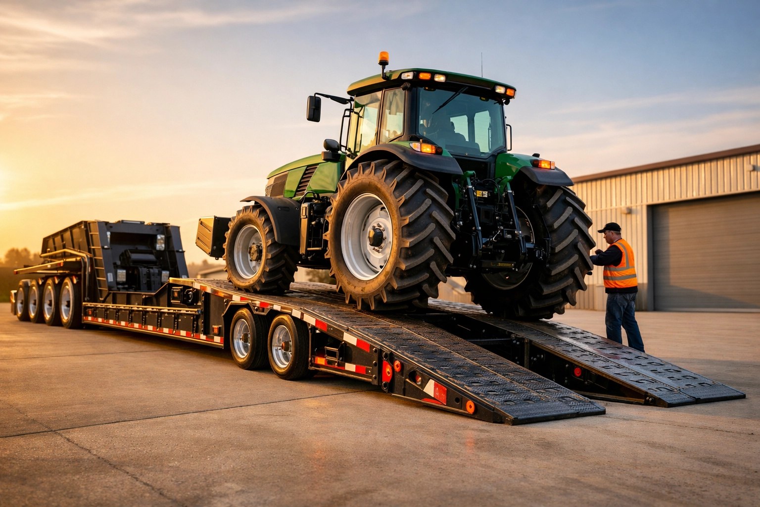 Tractor being loaded onto RGN trailer for agricultural equipment shipping