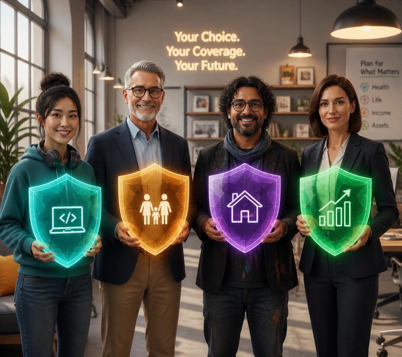 Diverse NY professionals holding shield icons representing personalized health coverage choices through an ICHRA.
