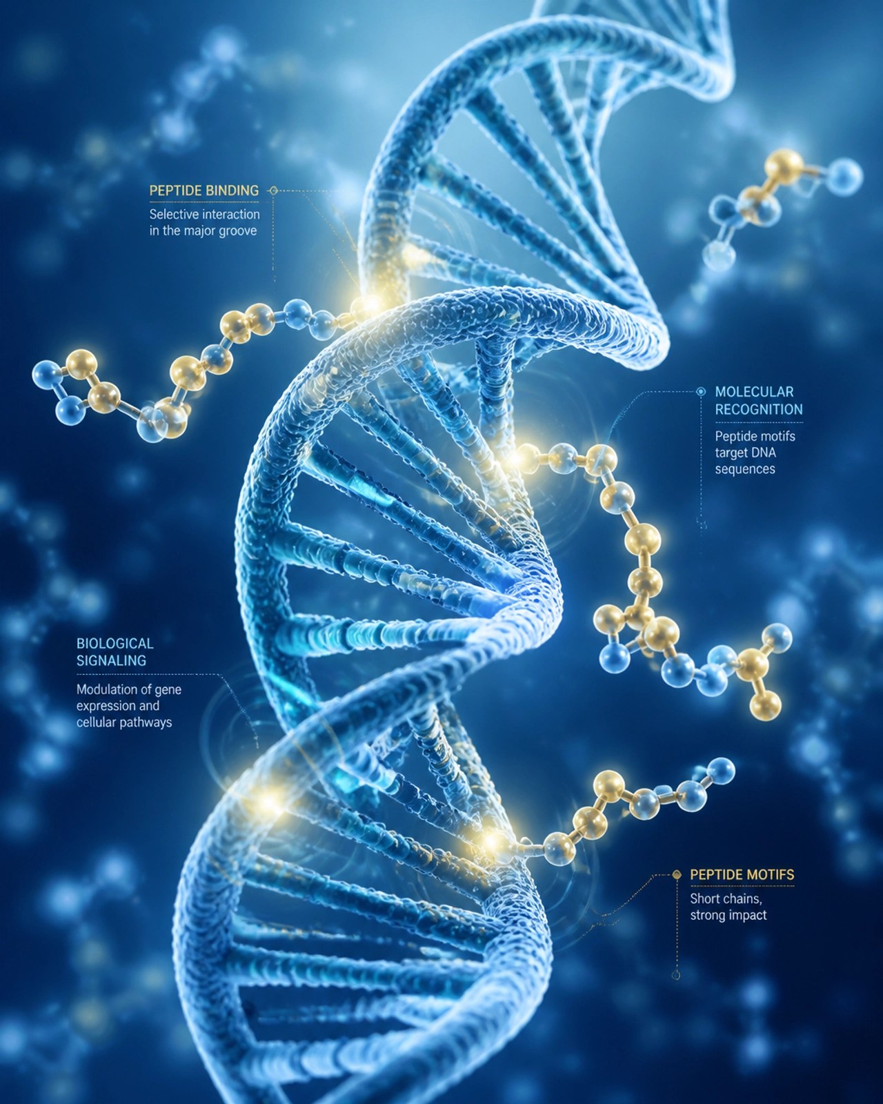 Abstract scientific illustration of short peptide chains interacting with DNA