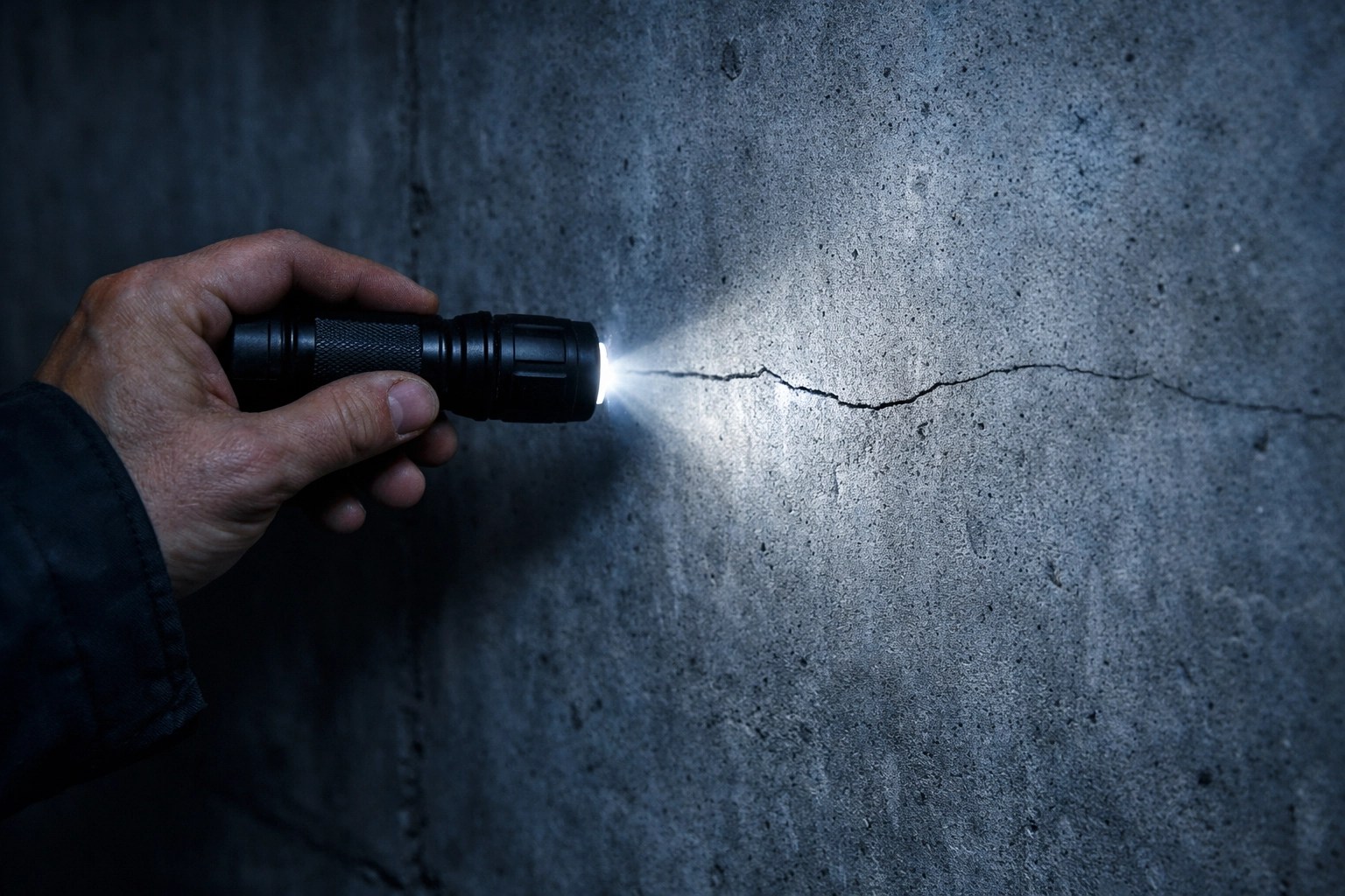 Inspection d'une fissure de fondation par un entrepreneur général au sous-sol.