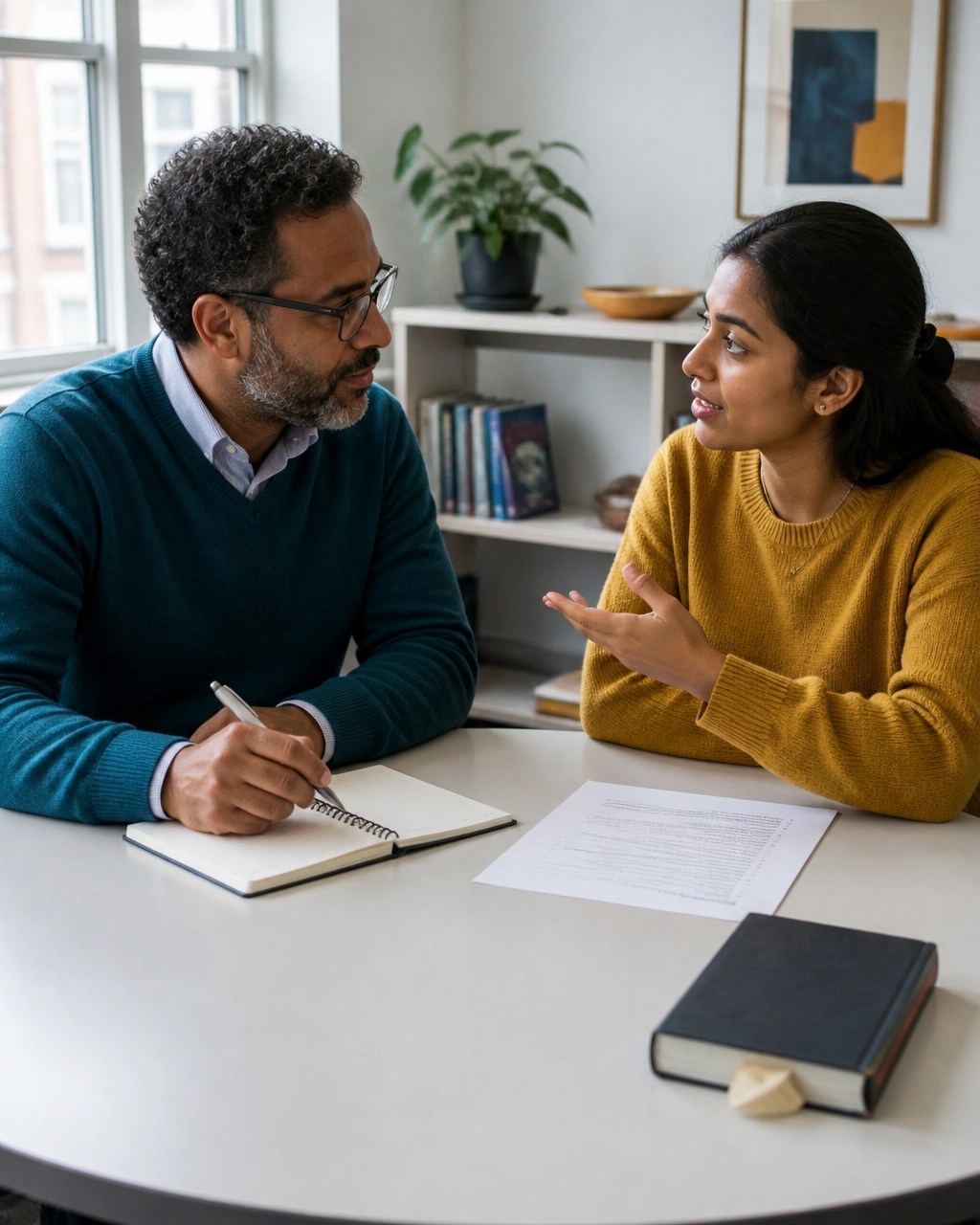 A diverse professor and adult college student having a genuine office hours conversation with printed materials and a notebook