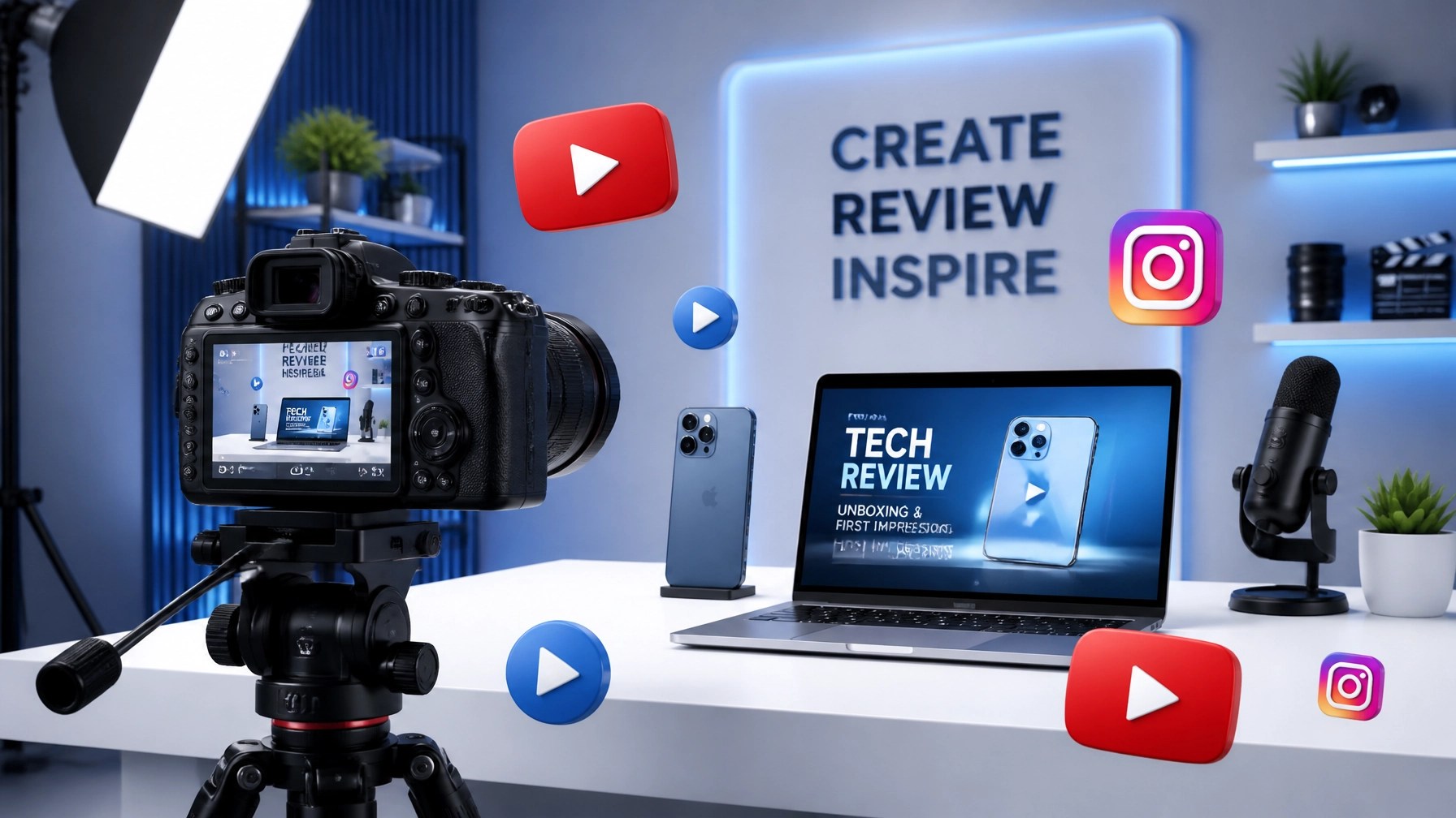 A 3D illustration of a professional video production setup for product reviews.