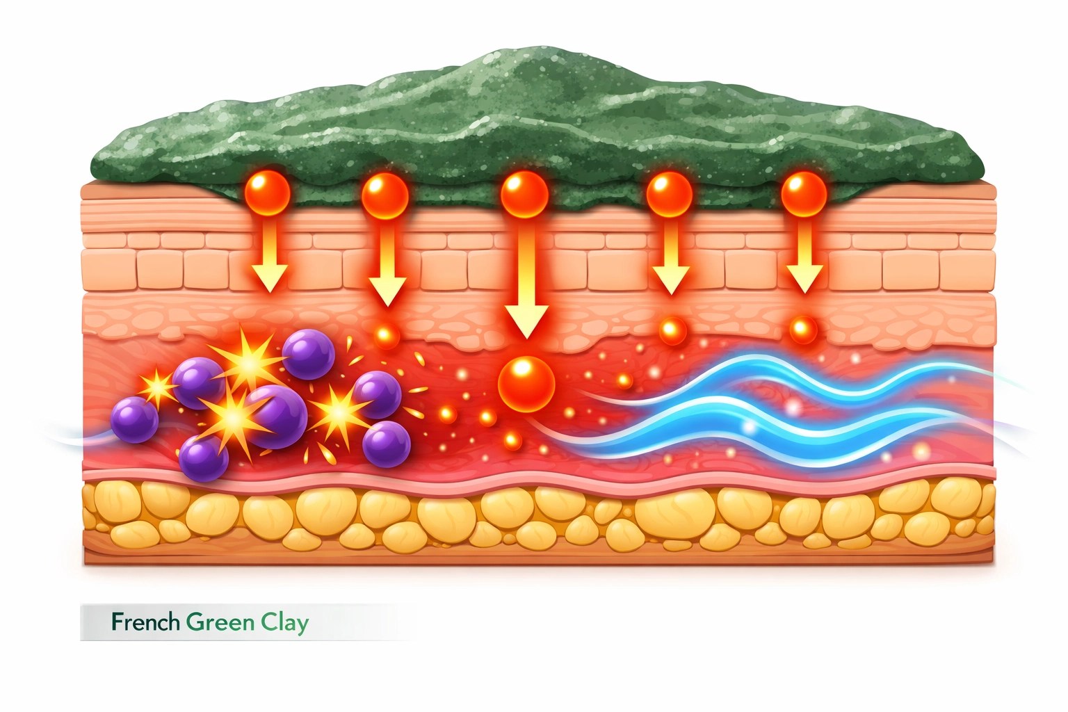 Cross-section showing French green clay minerals absorbing into skin to combat bacteria