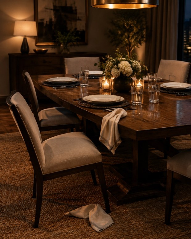An askew dining chair and fallen napkin suggest a tense dinner-table moment without showing people or damage
