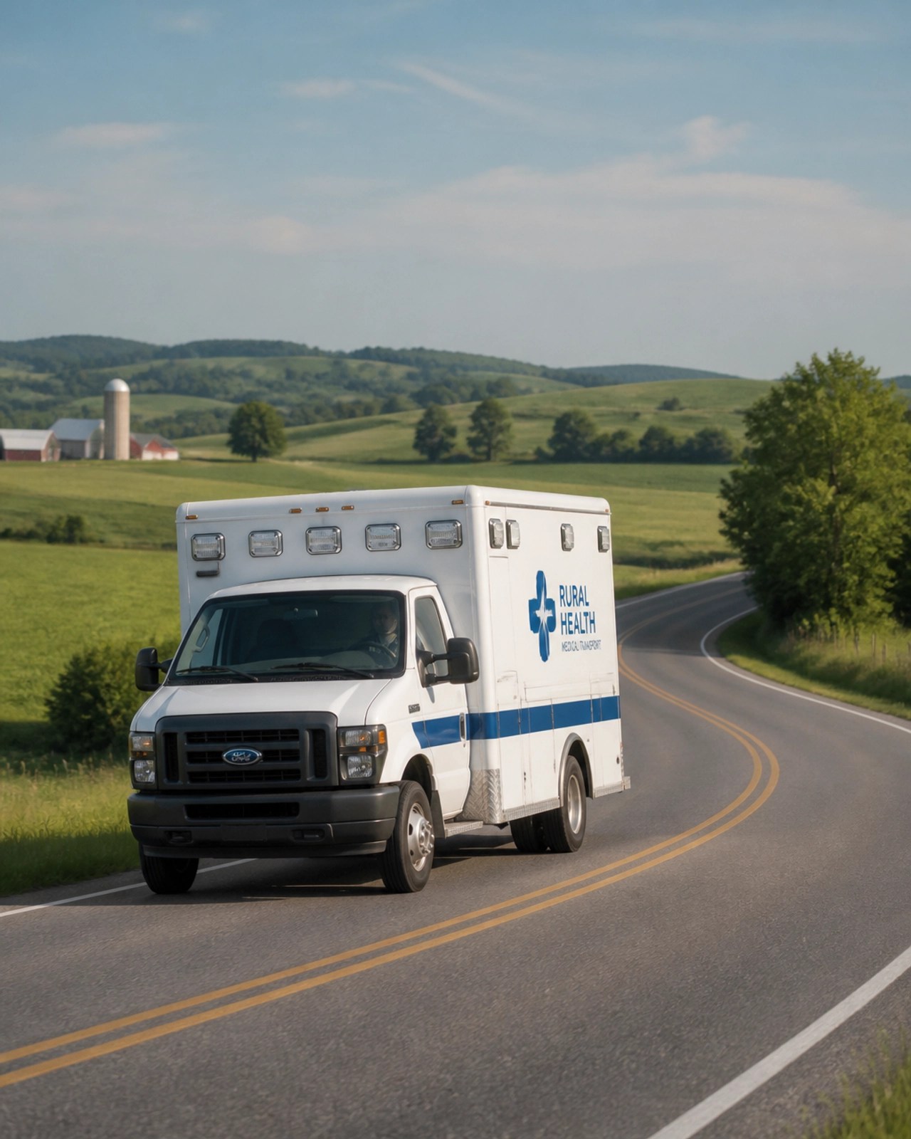 A medical transport vehicle on a scenic rural road