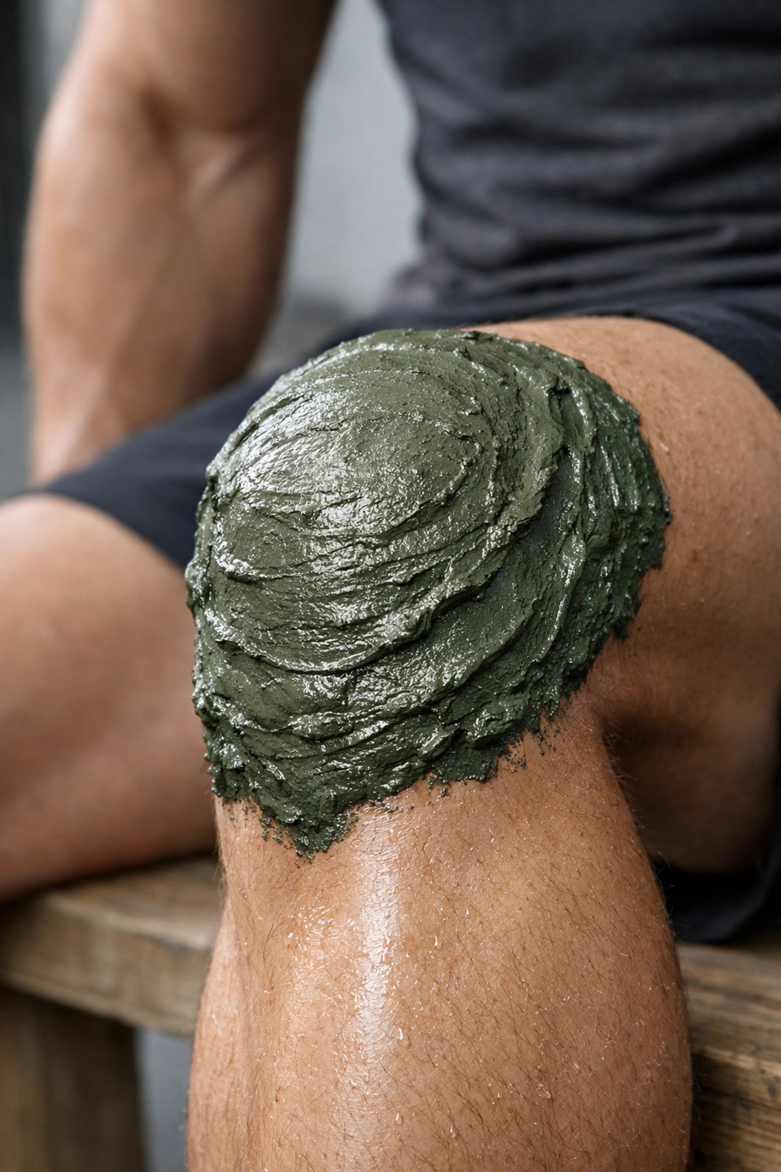 Thick green clay recovery poultice applied to an athlete's knee to reduce sports inflammation.