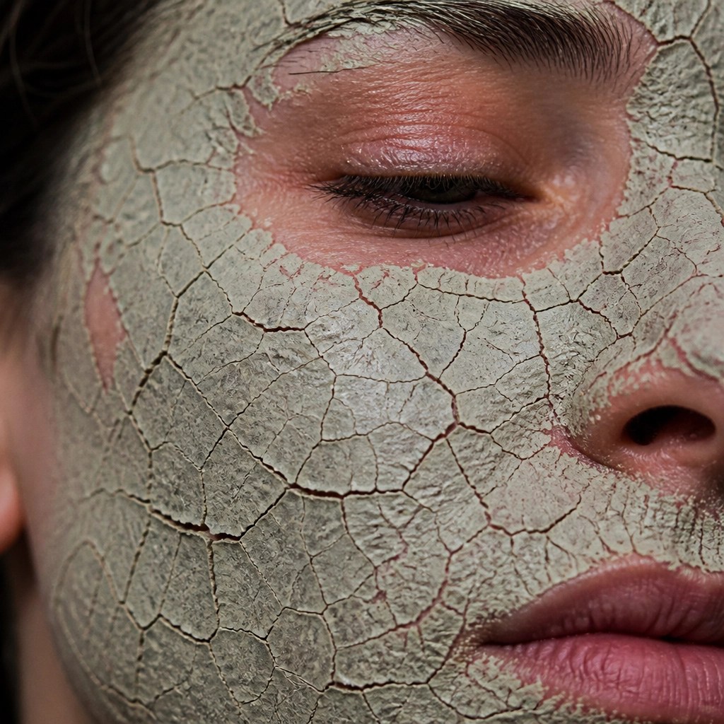A close-up of cracked, over-dried clay on the skin