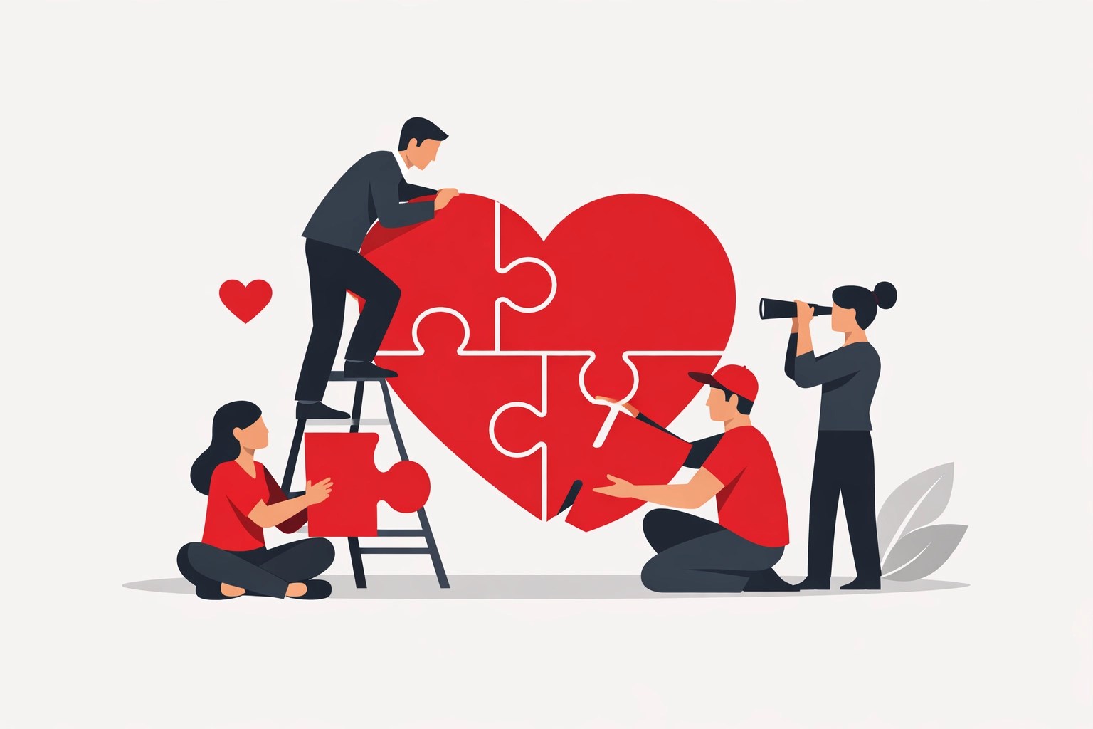 Illustration showing team collaboration as different personality types work on a shared non-profit mission.