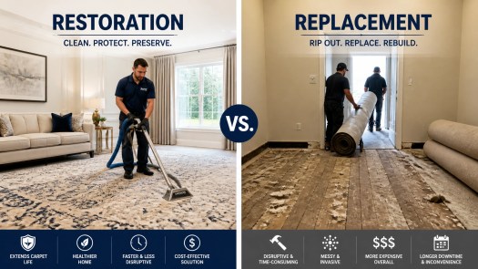 A comparison of efficient carpet restoration vs. the mess of a carpet replacement construction scene