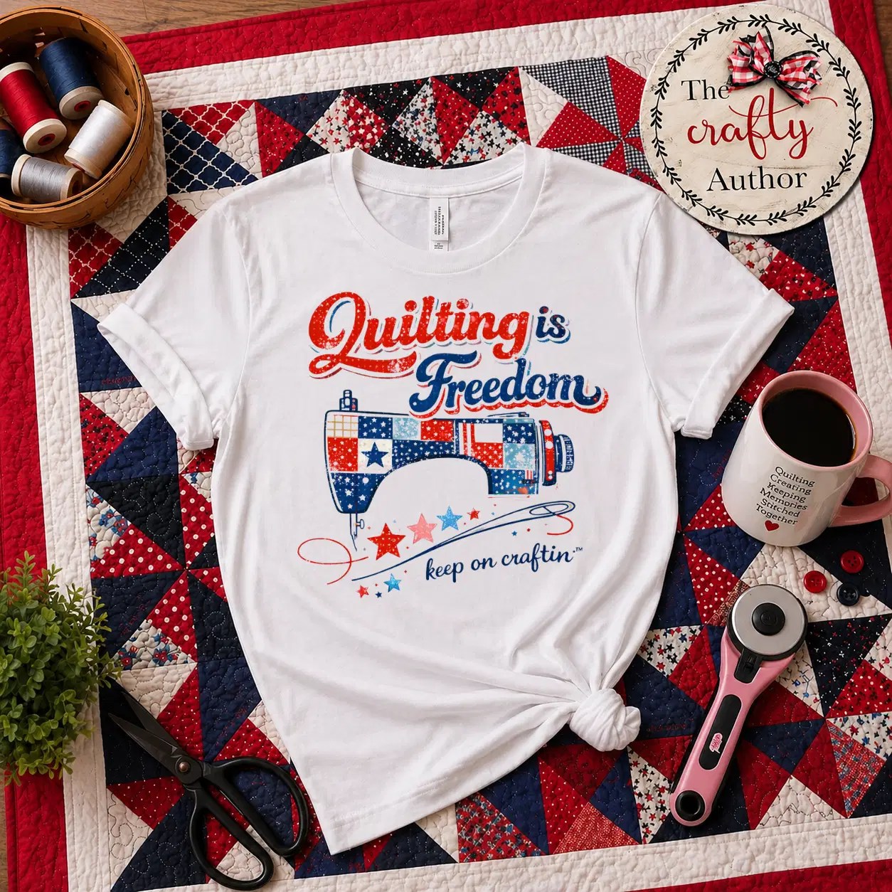 Flat lay of the Quilting is Freedom white t-shirt on a red, white, and blue quilt with sewing tools