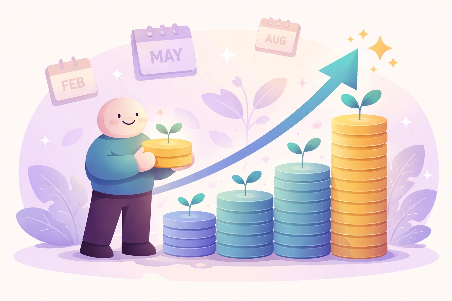 Illustration of a smiling person holding a yellow stack of coins with green sprouts, standing beside ascending blue and green coin stacks, symbolizing growth and recurring revenue in business networking. Calendar months February, May, and August are visible in the background.