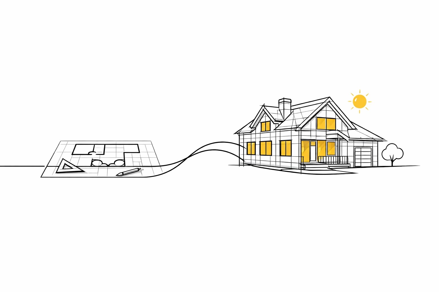 Line drawing of a house blueprint transitioning to a build representing end-to-end service.