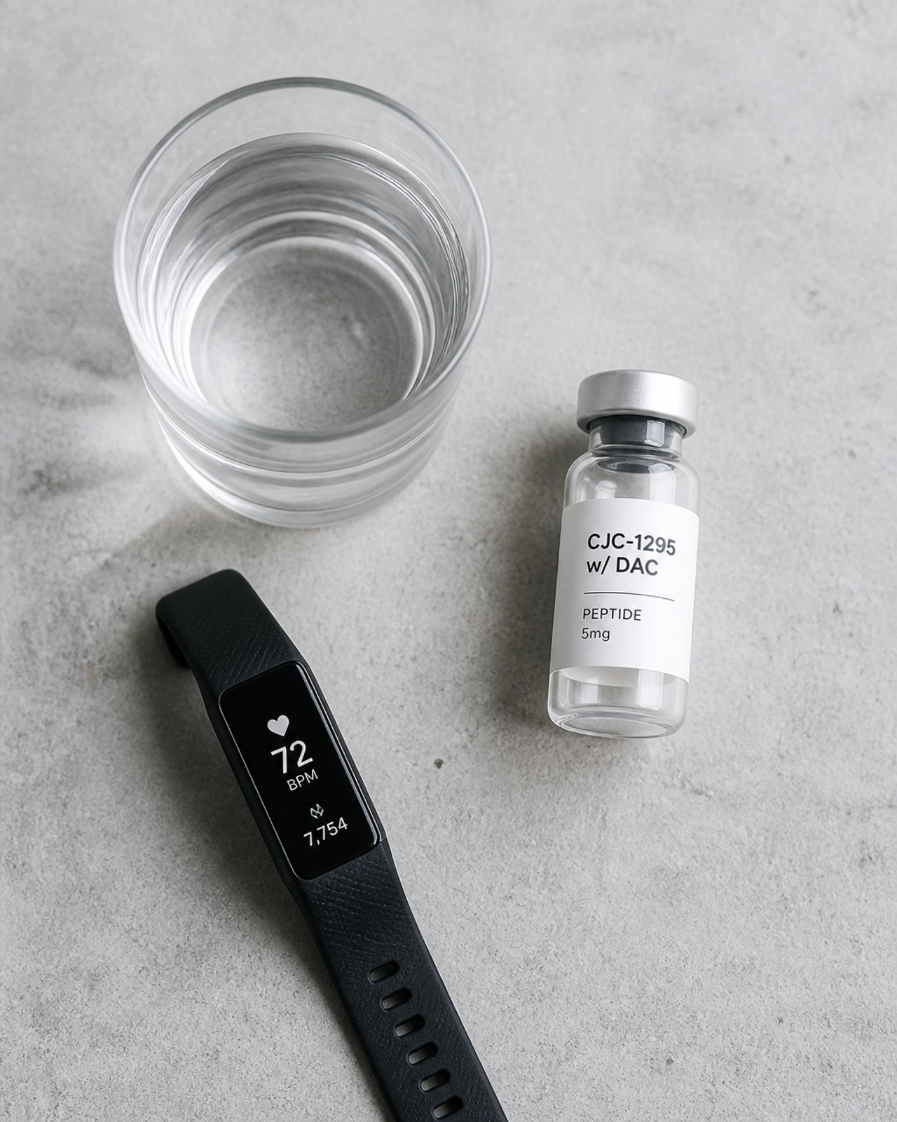 Minimalist flat lay of a health tracker and peptide vial