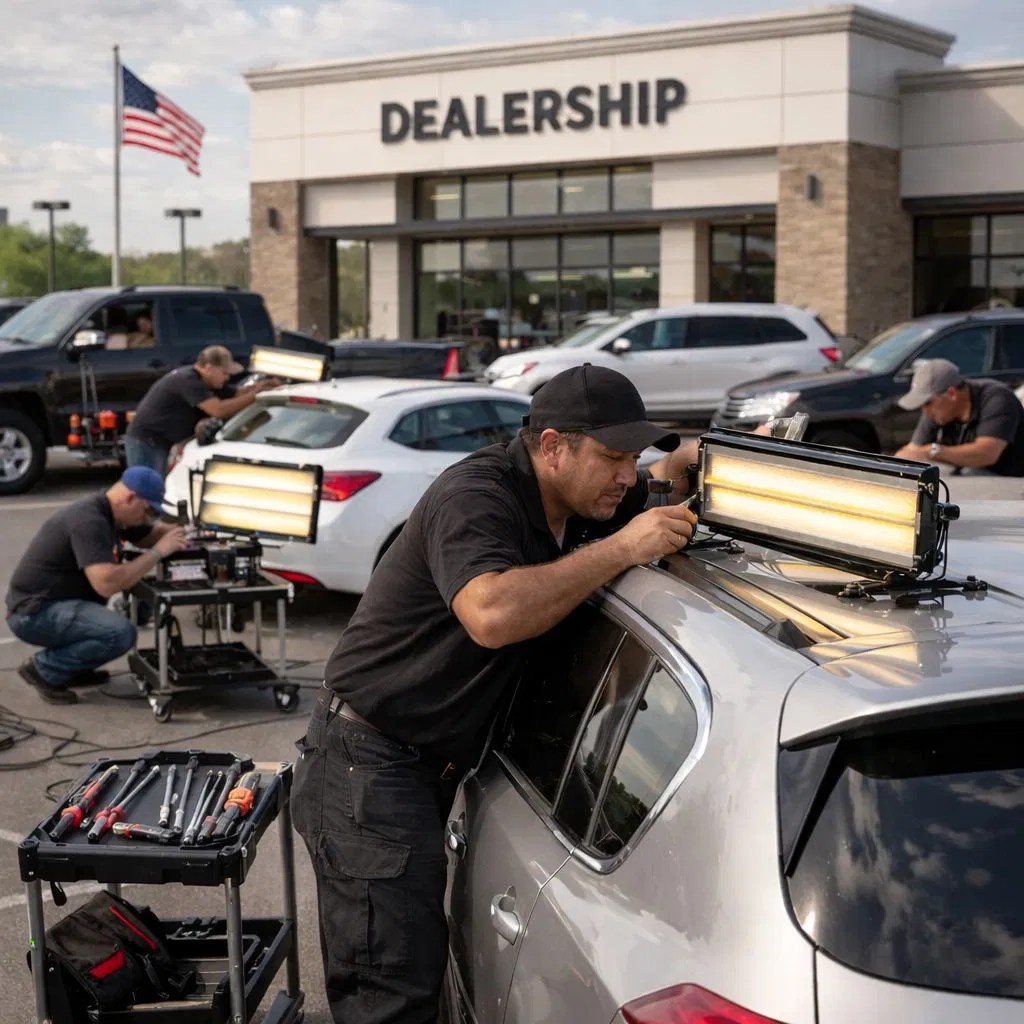 Elite PDR technicians performing paintless dent repairs on a dealership lot