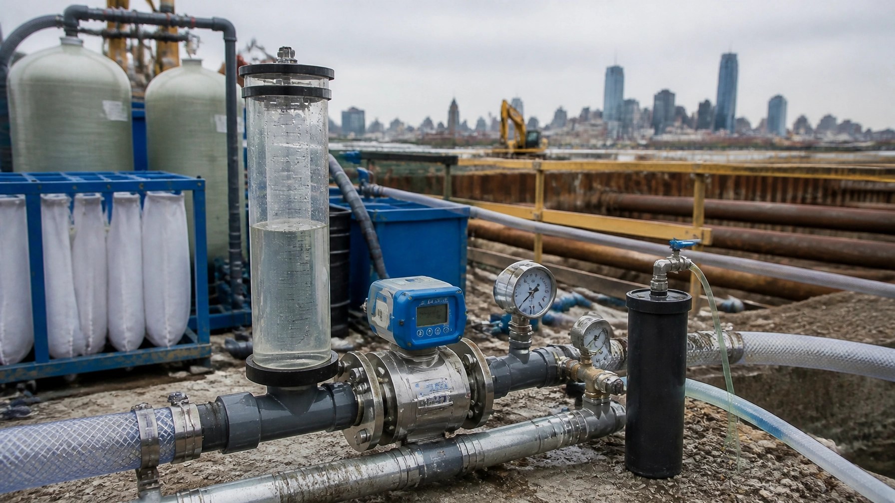 Technical monitoring setup with flow measurement, sampling ports, and hoses at an urban construction excavation