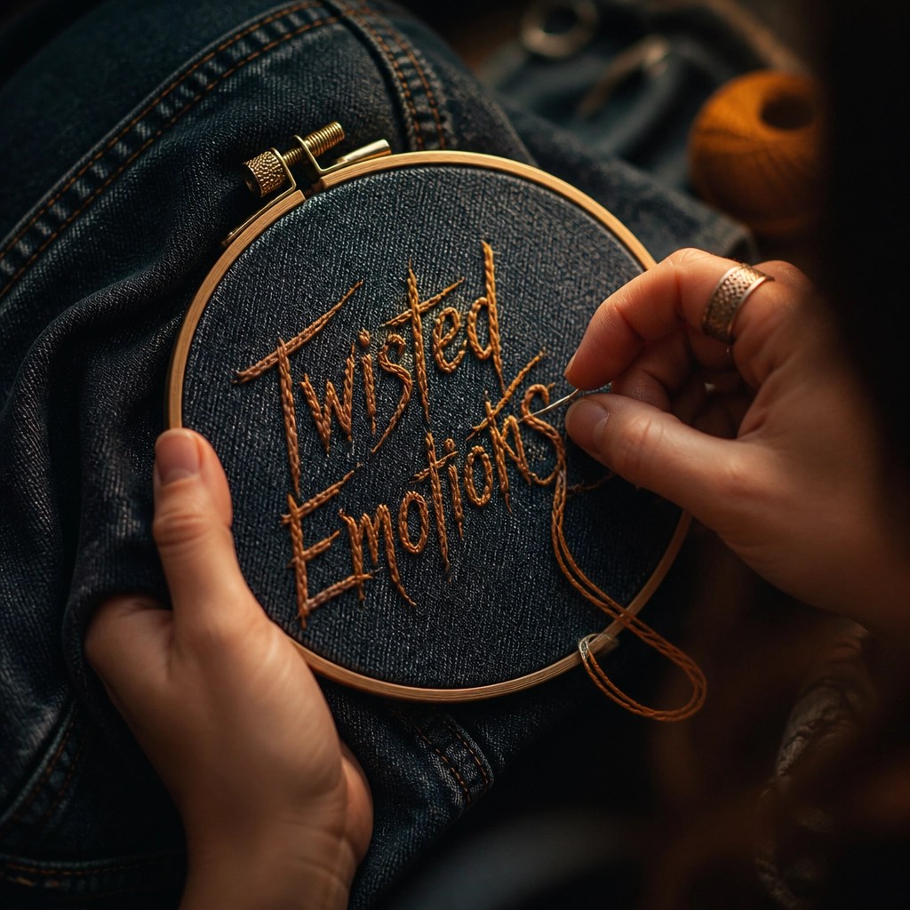 Close-up of hands sewing 'Twisted Emotions' embroidery