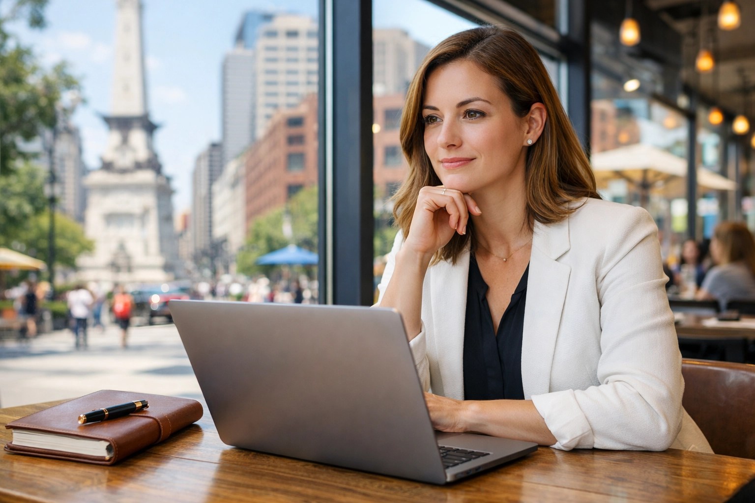 Business owner planning her networking strategy at an Indianapolis coffee shop for local growth.