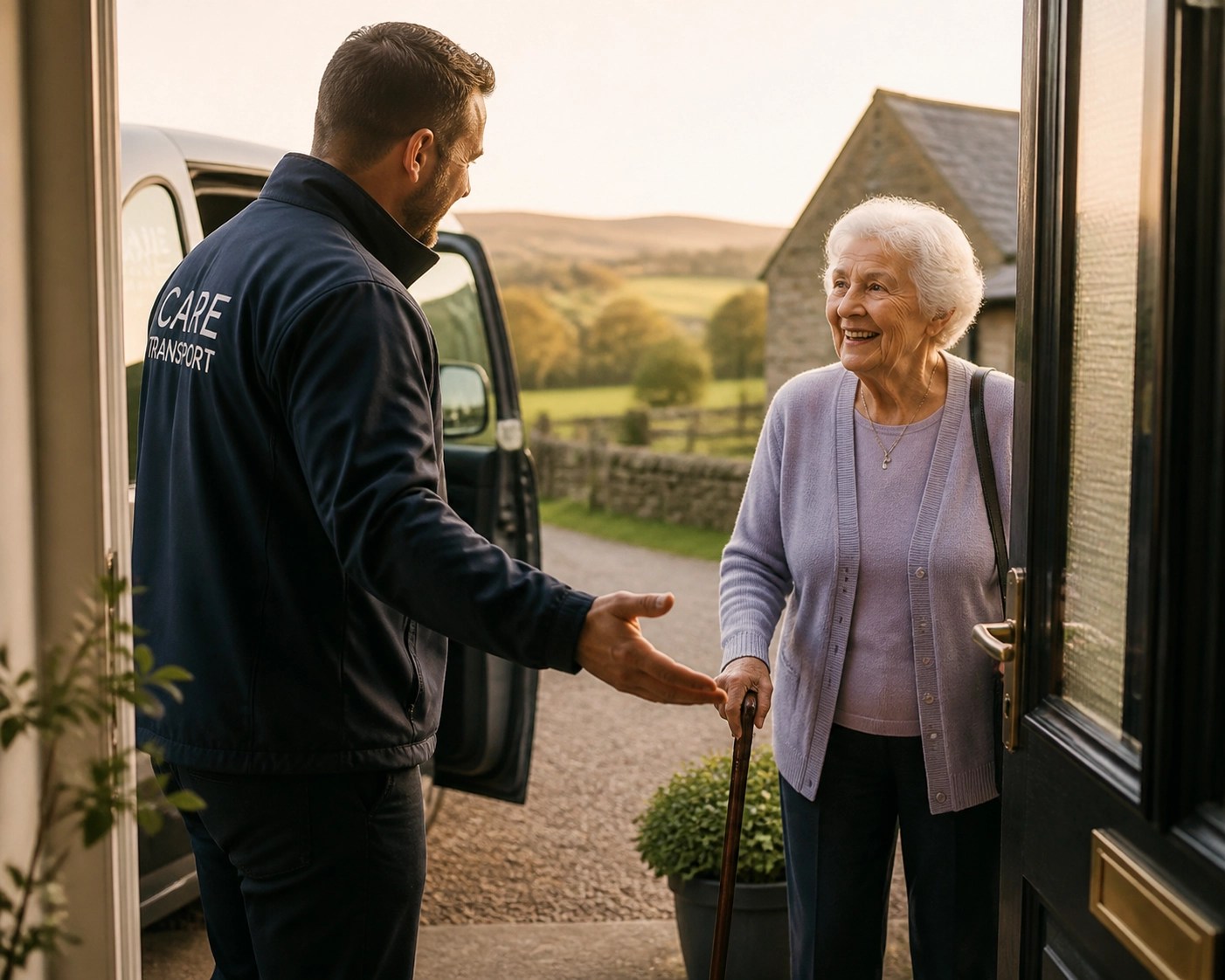 Reliable door-to-door medical transportation service for an elderly patient at their rural home.