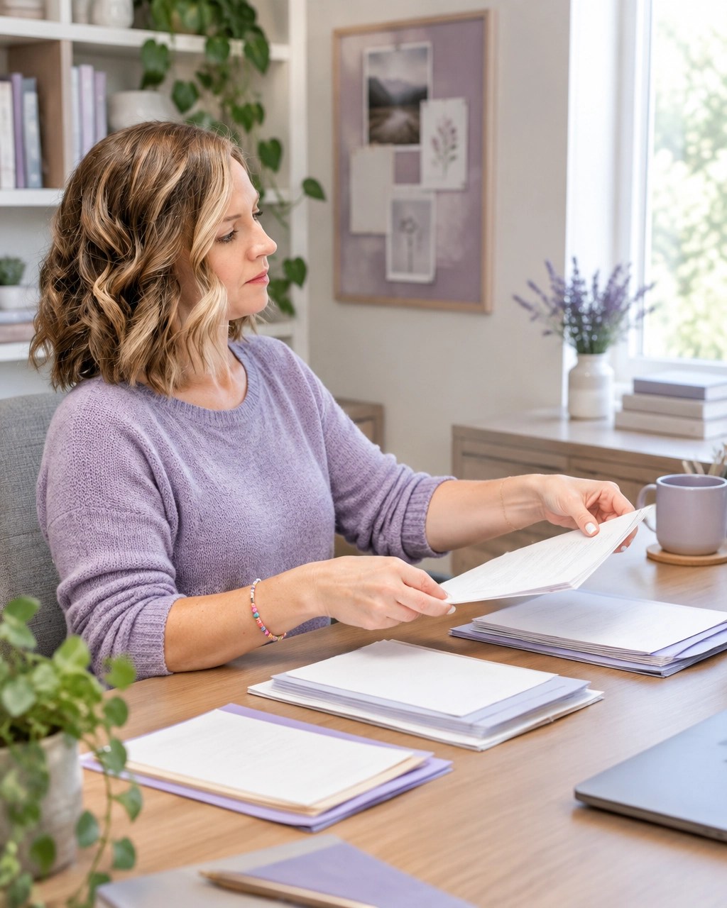 A professional working mom calmly sorting one small pile into simple categories at a home office desk