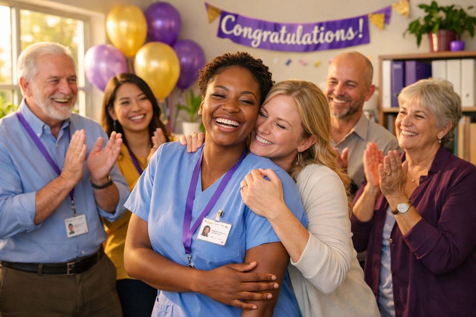 Home health caregiver being celebrated and recognized by supportive team members