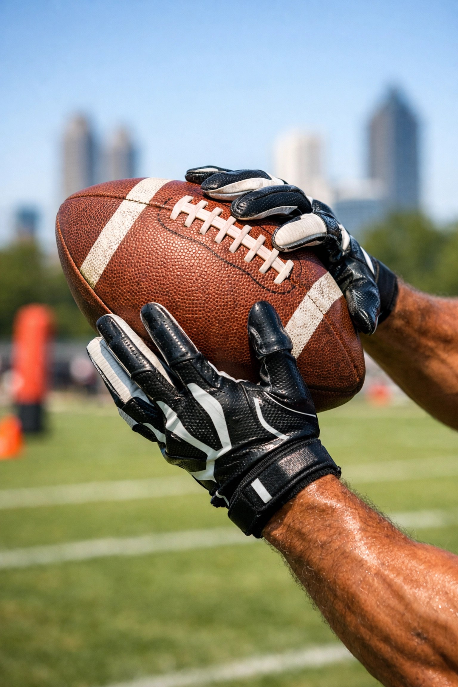 Wide receiver perfecting catch technique during positional football training in Atlanta GA.