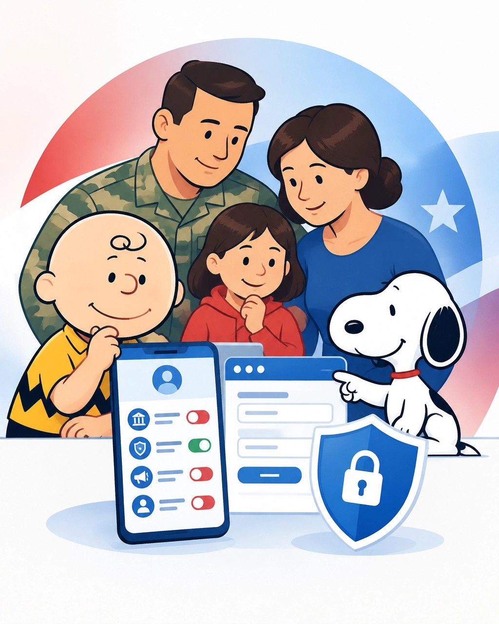 Charlie Brown and Snoopy help a military family review a web form and privacy choices