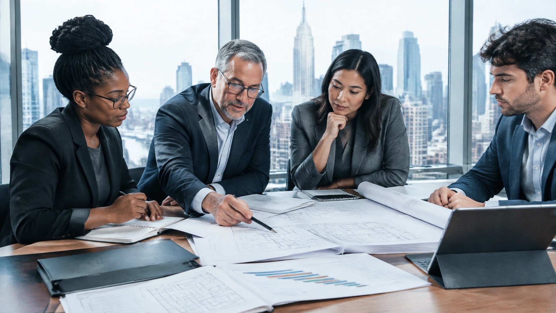 Environmental consultant and architect reviewing a New York commercial demolition permit timeline and agency coordination checklist