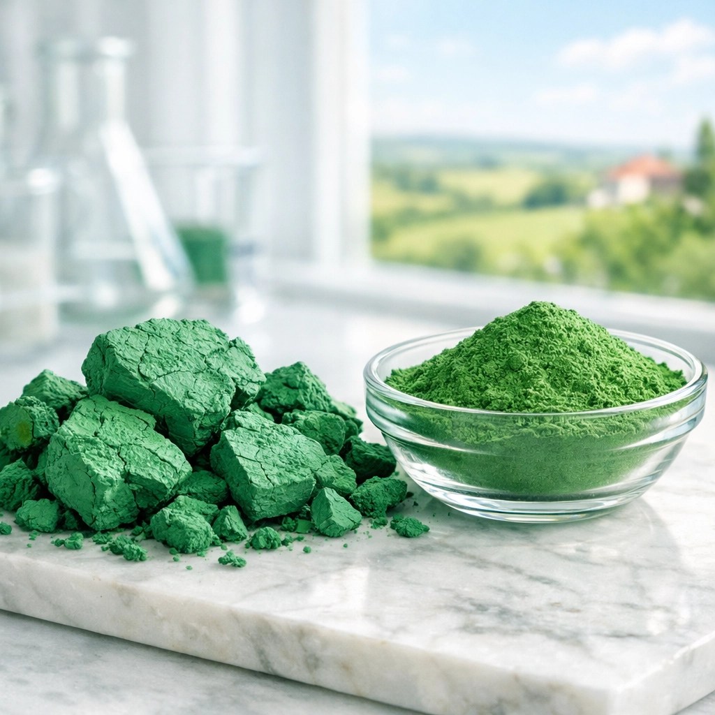Certified pure green clay and fine powder shown in a sterile lab to ensure safety from heavy metals.
