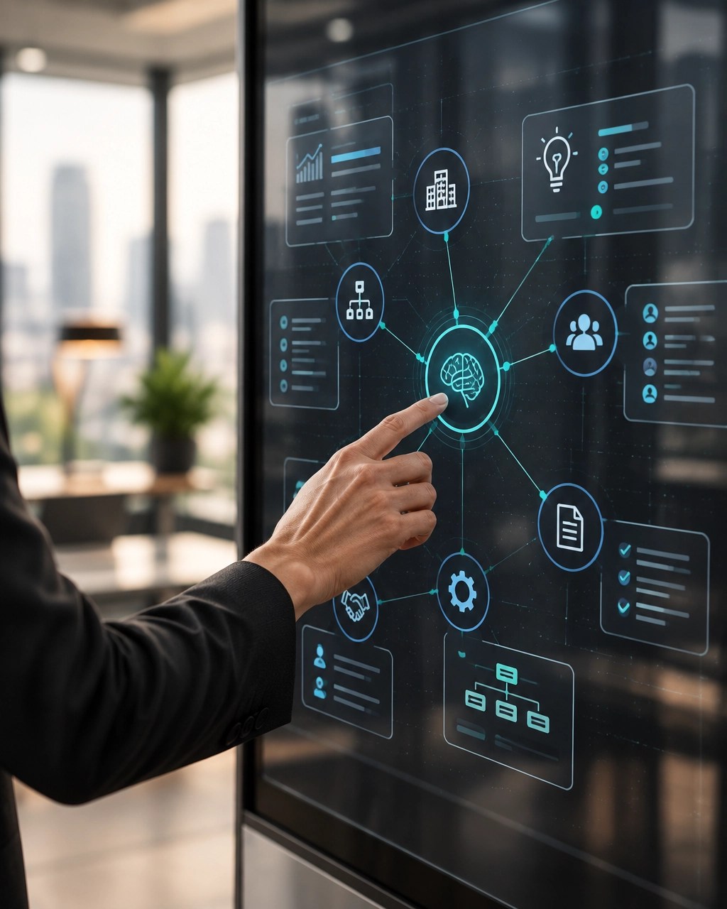 A professional founder reviewing a structured MyGentic knowledge layer with connected business context nodes