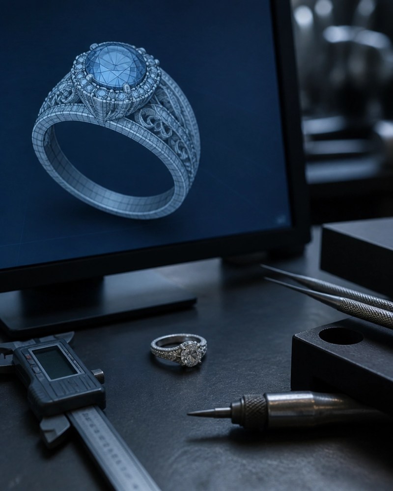 Computer monitor displaying a ring CAD model beside a real ring and precision tools