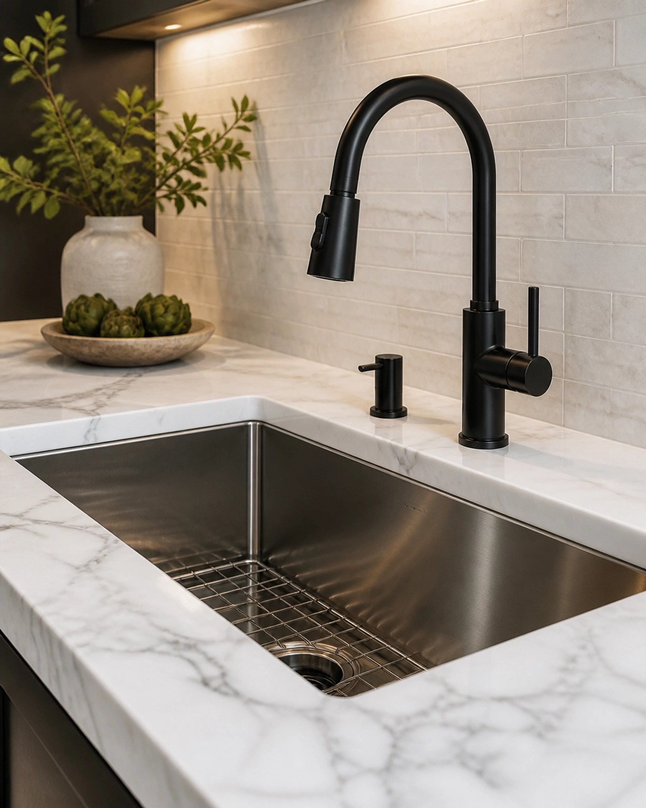 A beautiful kitchen sink setup with a large undermount sink and a modern matte black pull-down faucet against a marble backsplash.
