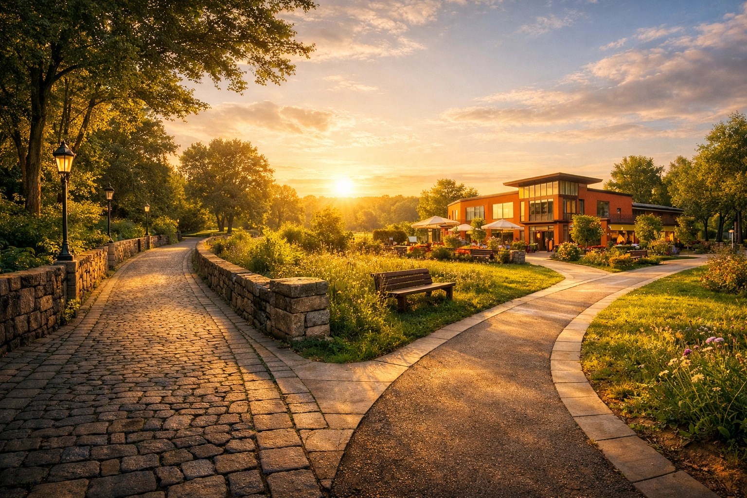 A fork in a park path symbolizing the choice between Original Medicare and Medicare Advantage plans.