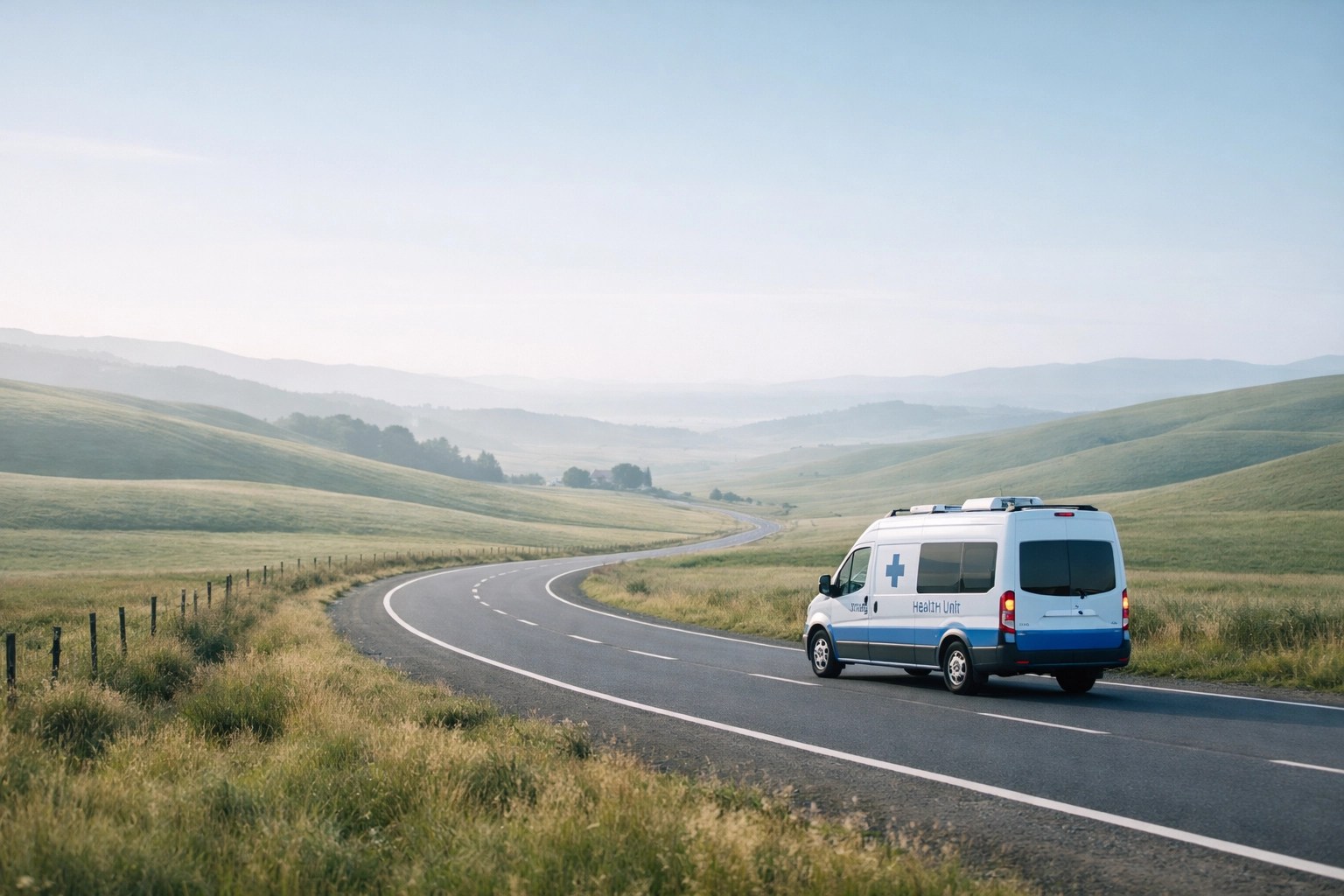 A professional medical transport vehicle traveling through a rural area to provide healthcare access.