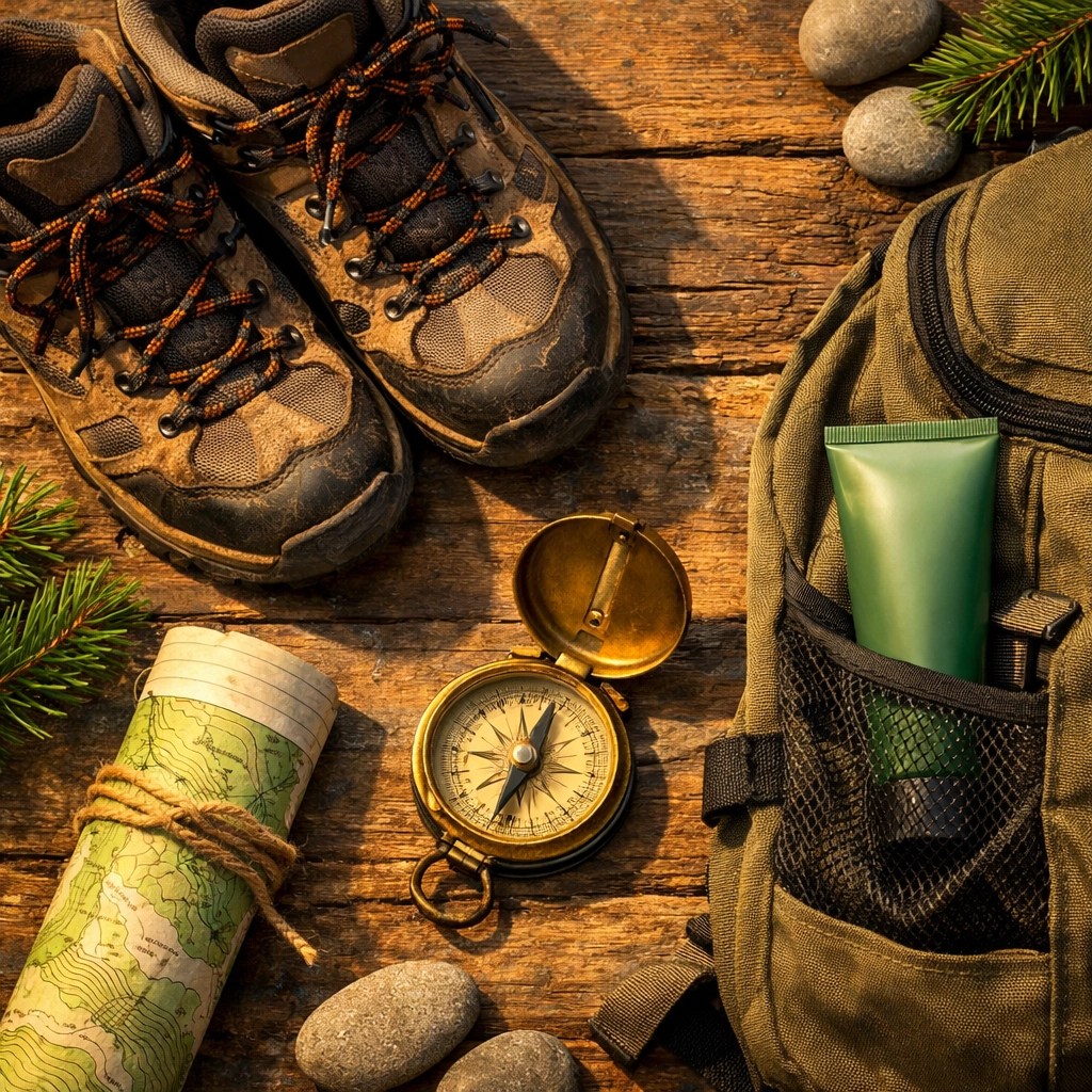 Outdoor adventure gear and green clay travel skincare packed with hiking boots and a map for your next trip.