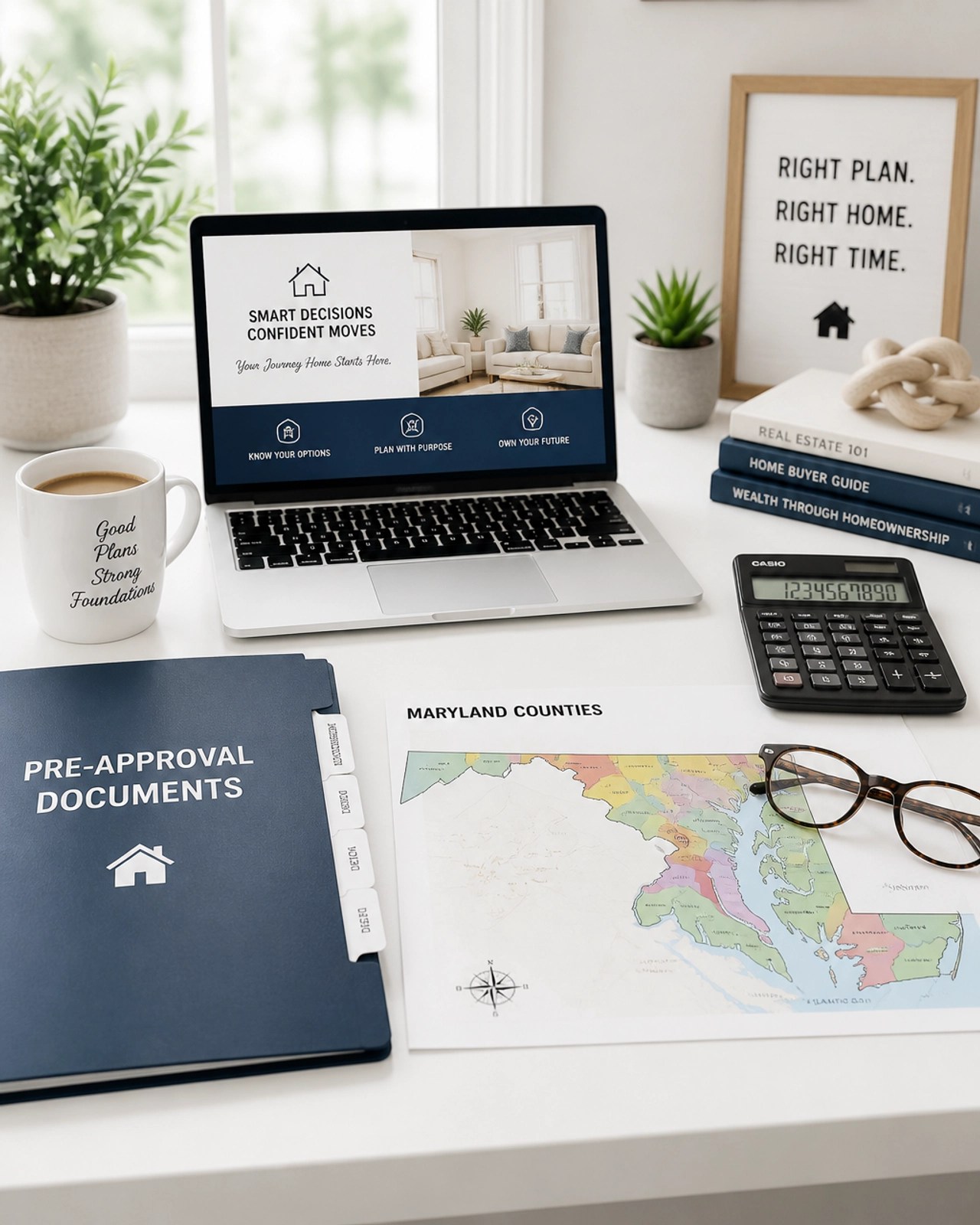 Professional workspace with Maryland map and mortgage documents