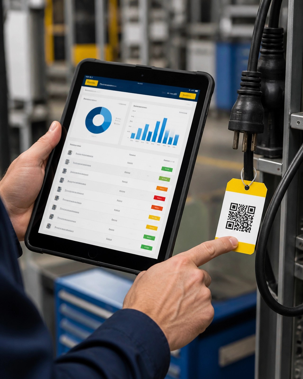 Technician using a digital tablet to manage safety reports and QR-coded asset tags