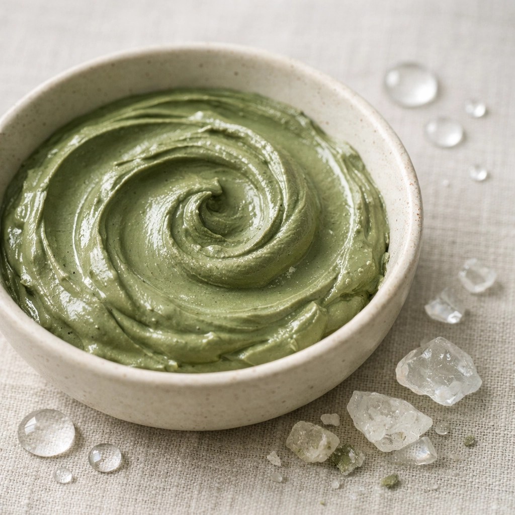 Mineral-rich French green clay paste in a bowl, perfect for sensitive skin and redness relief.