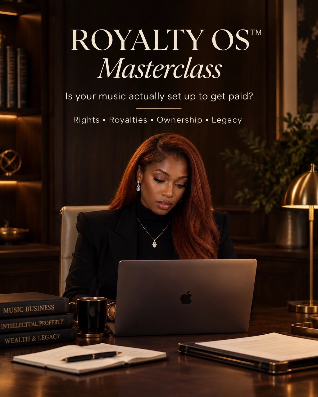 A focused professional working with music business and intellectual-property materials in a dark, warm editorial workspace