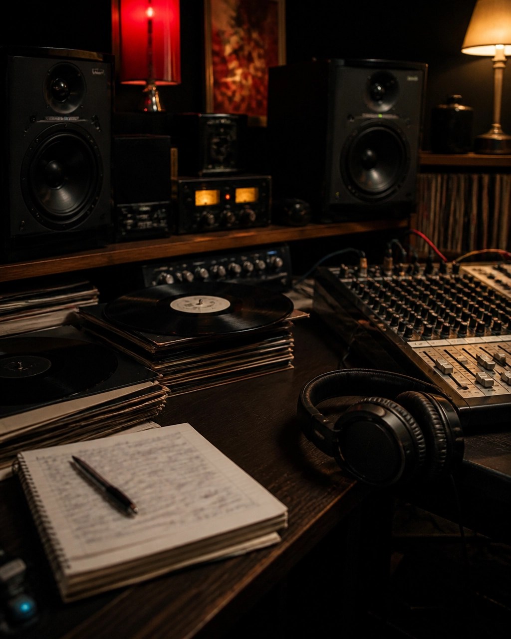 Turntable, headphones, mixer, and studio monitors during an album listening session