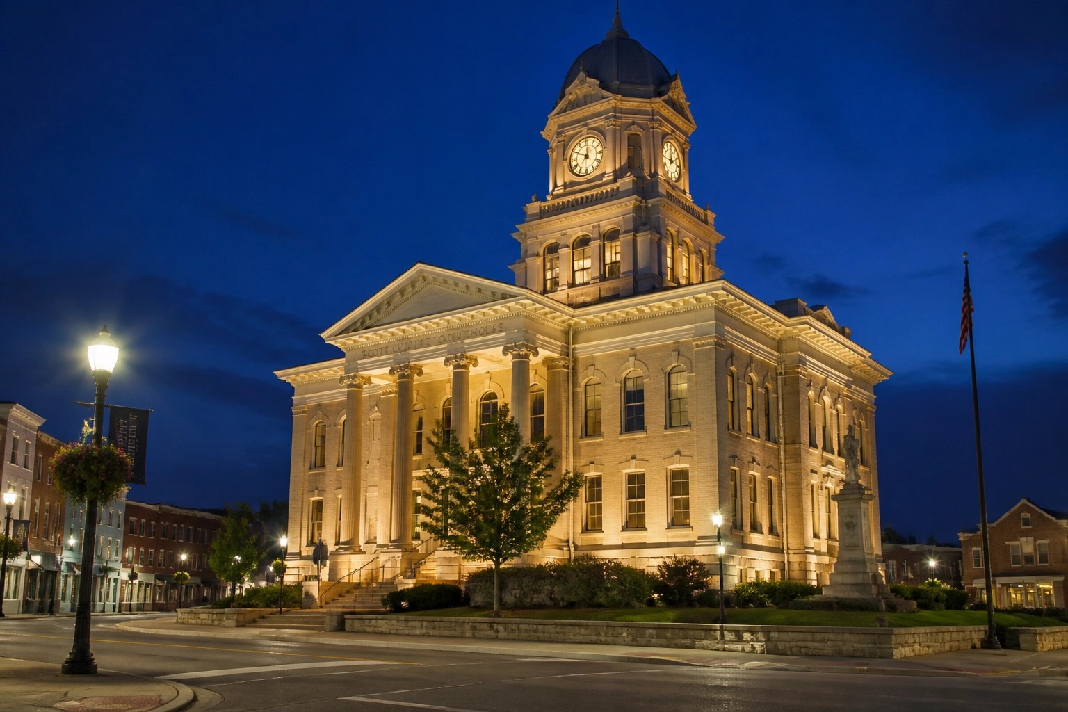 Illuminated historic Kentucky courthouse representing secure and resilient local government infrastructure.
