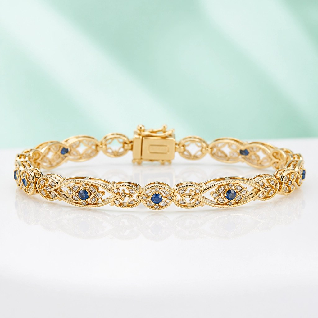 Exquisite 14k gold bracelet on a pastel background