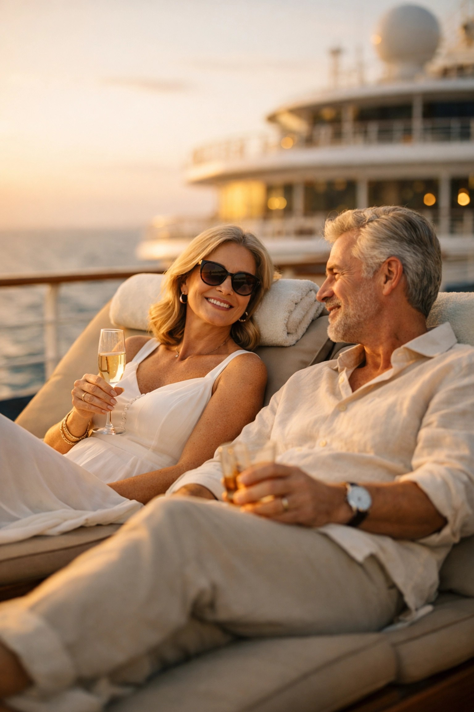 Couple relaxing on deck loungers aboard luxury cruise ship at sunset
