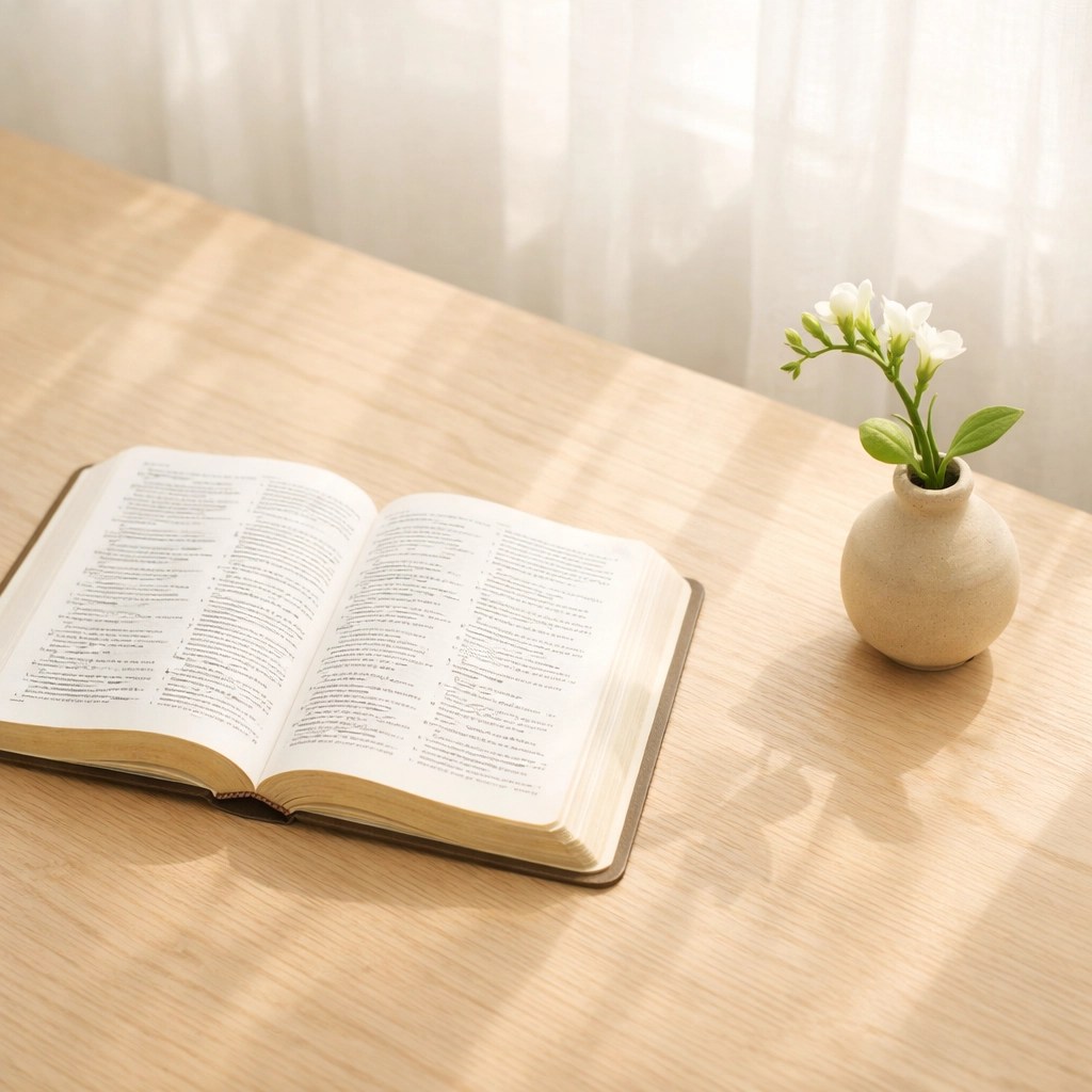 Open Bible and a fresh flower in soft morning light representing a grace-filled start to the day.