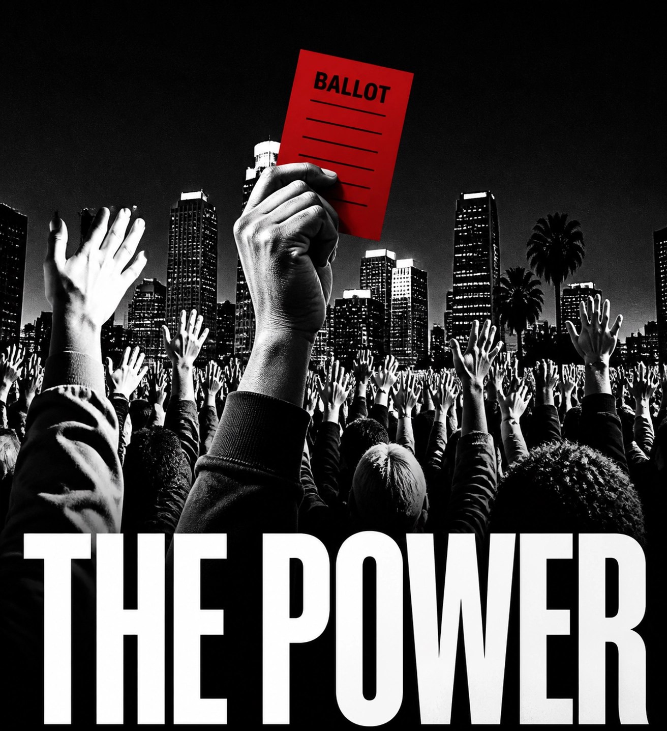 Community hands raised with a voting ballot over the LA skyline symbolizing local political power.
