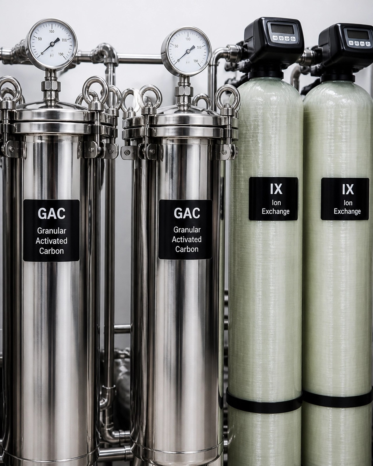 Close-up of industrial-scale granular activated carbon (GAC) canisters and ion exchange columns for advanced water filtration.