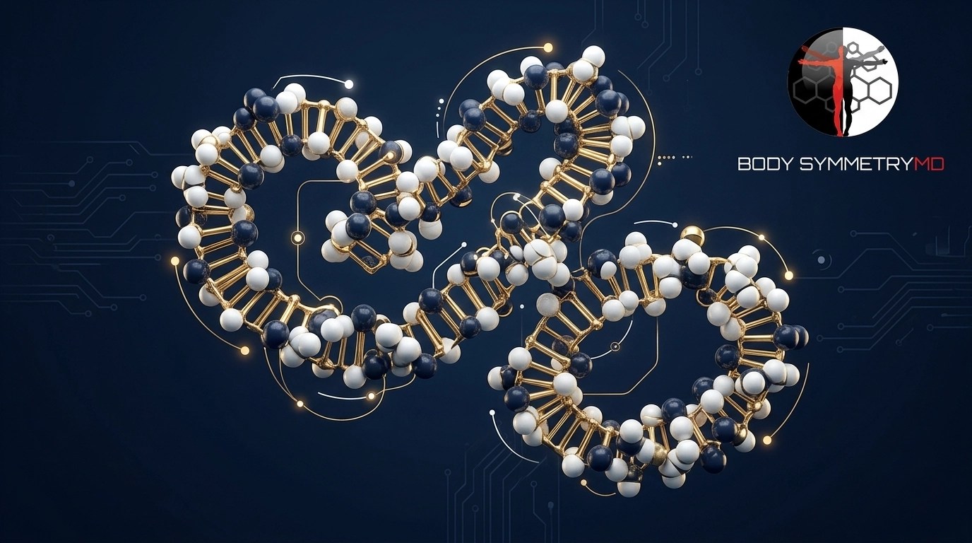 Peptide Science - A 3D molecular render of a peptide chain, highlighting the architectural signaling of medical wellness.