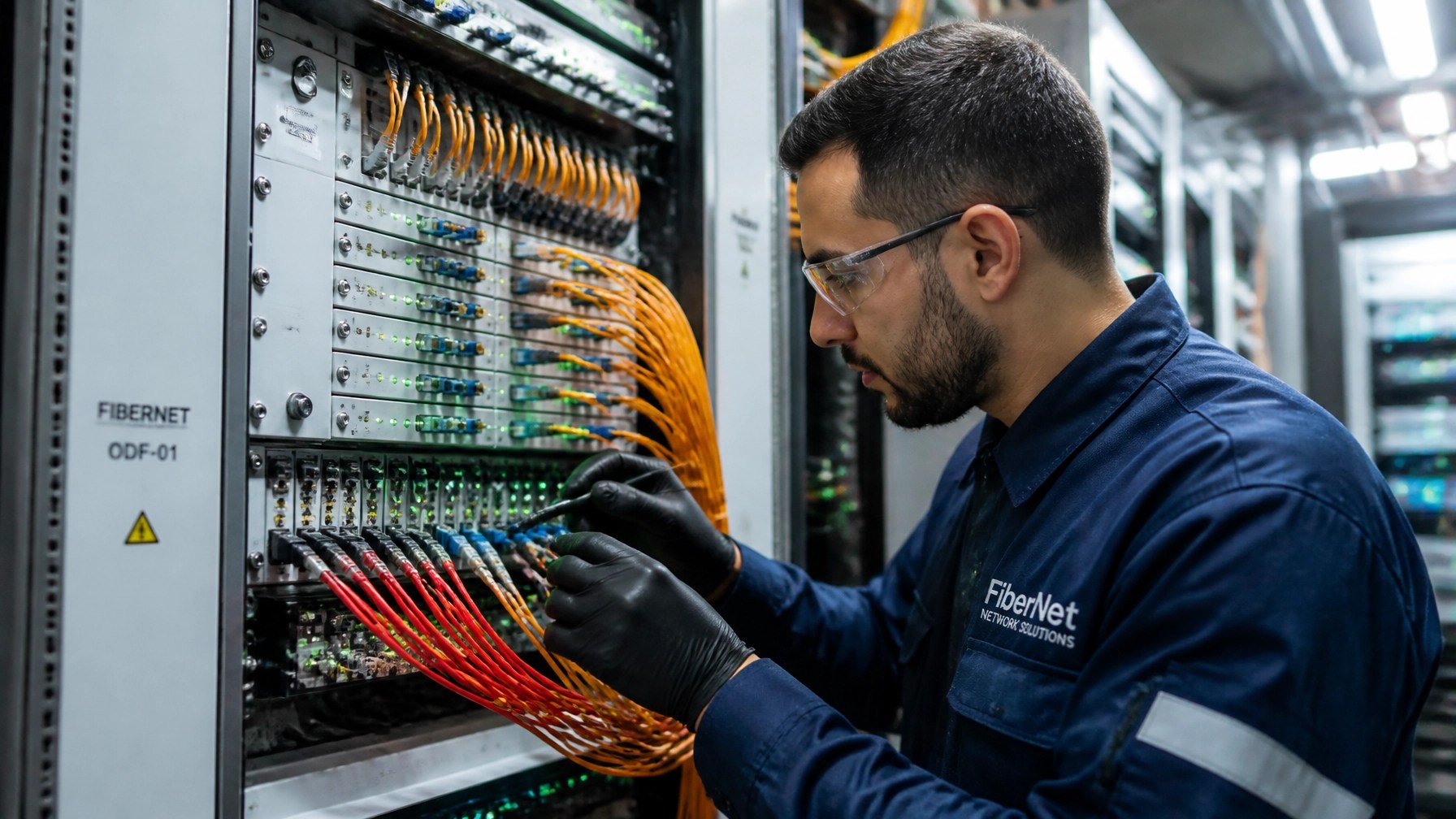 A fiber optic technician working on a high-speed fiber distribution panel inside a modern telecommunications room with precision tools