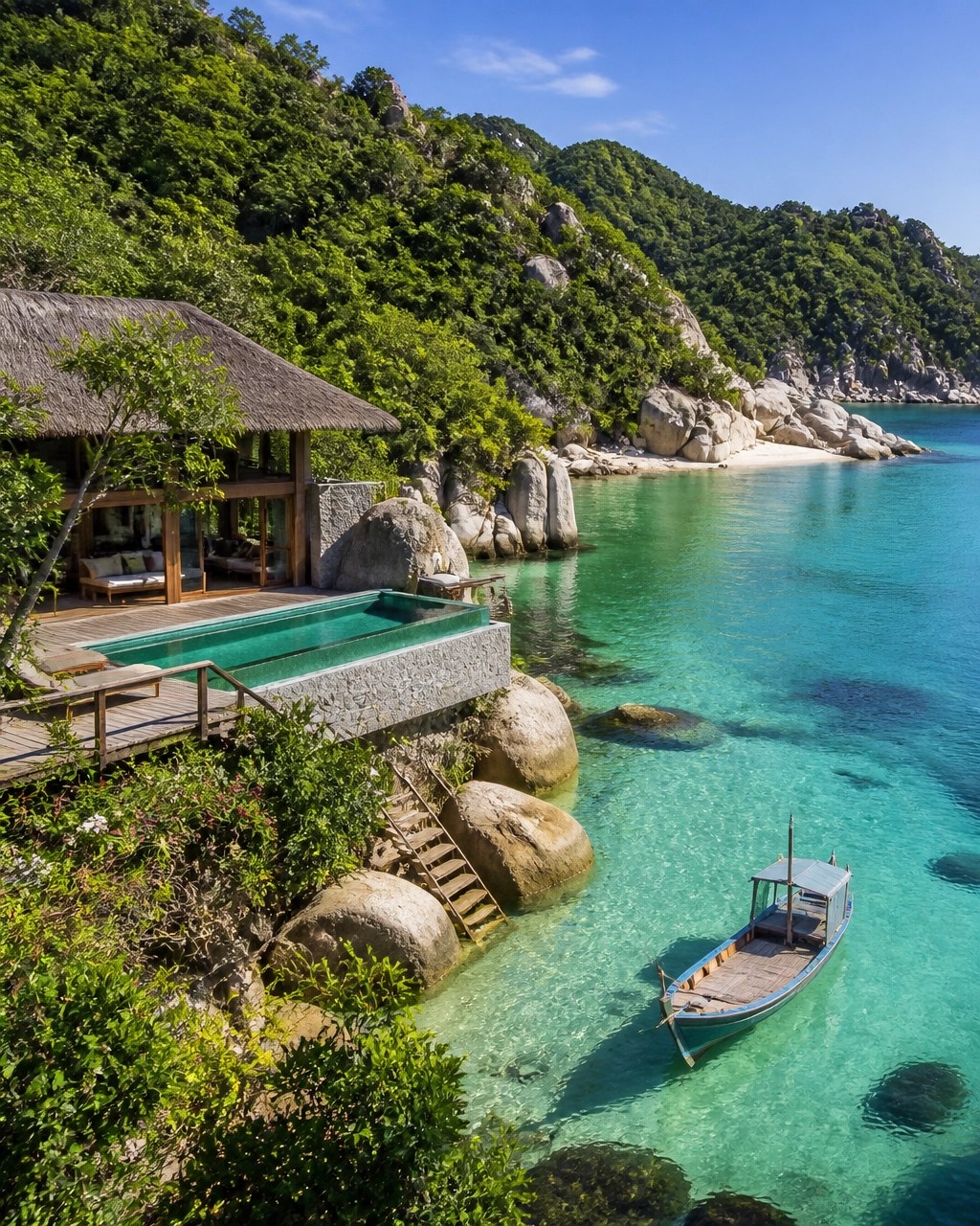 A secluded turquoise bay, jungle-covered rocks and a quiet luxury villa in Vietnam