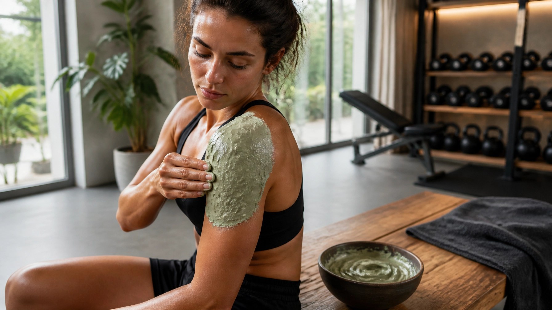 Athlete applying Clayer green clay to their shoulder